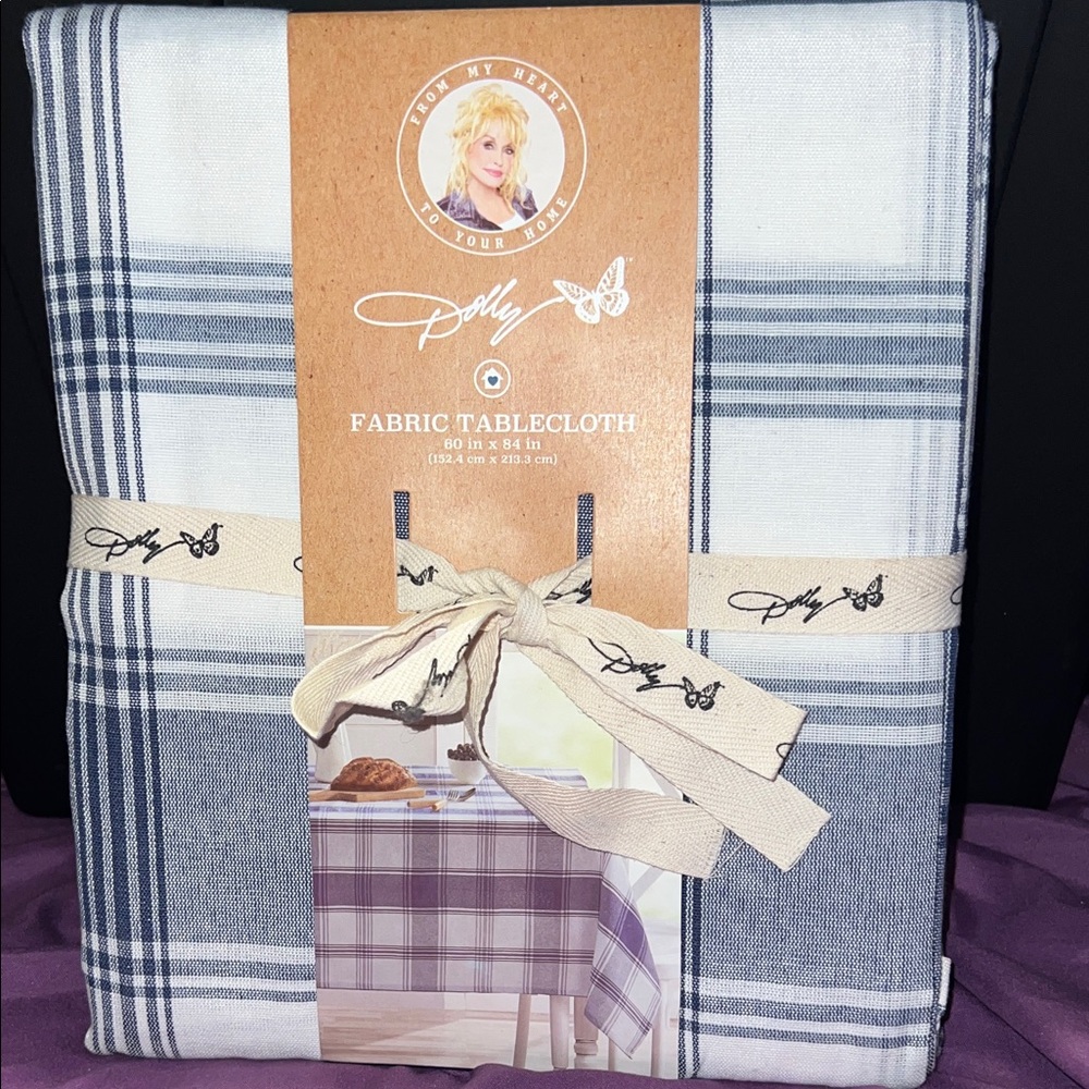 Dolly Parton Plaid Fabric Tablecloth 60” x 84” – Blue & White Checkered Pattern